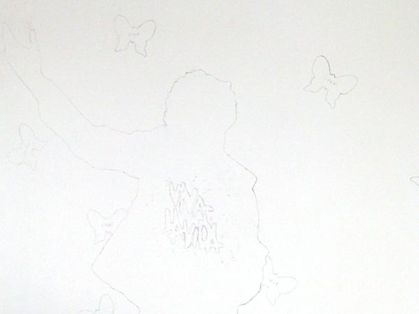 the outlines of the design on the wall (drawn with a pencil)